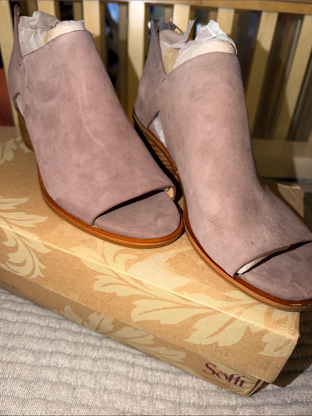 Sofft Lavender Grey Suede Open-Toe Ankle Booties